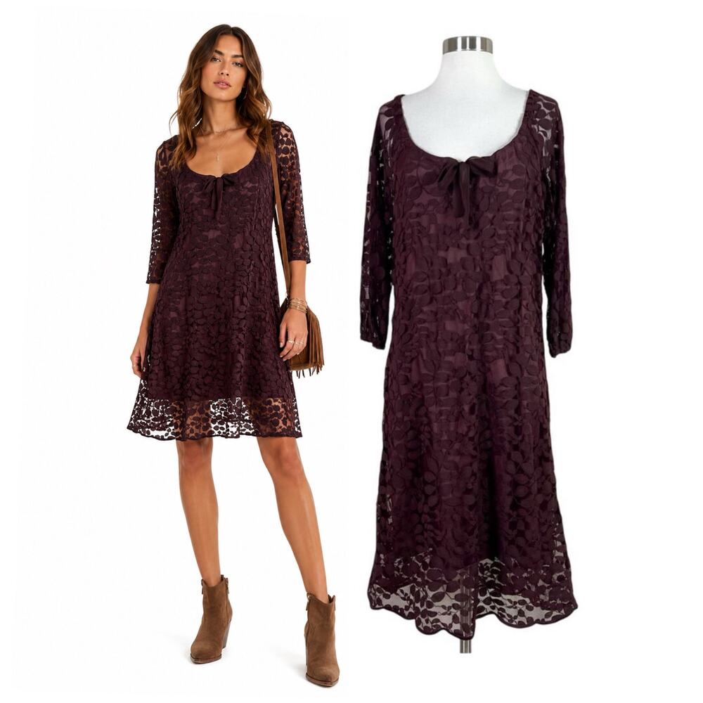 Garnet Hill | Boheme Plum Brown Lace Easy Tie Scoop Neck 3/4 Sleeve Dress 12 EUC